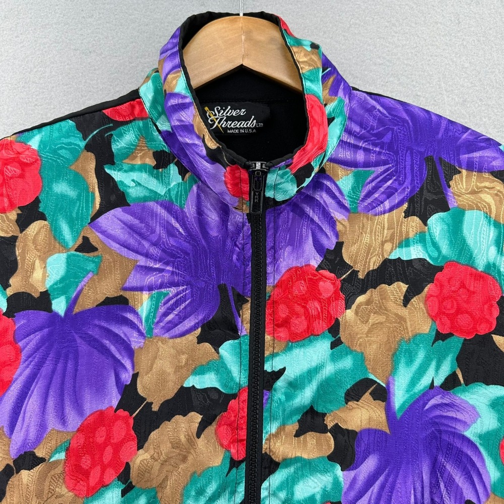 VTG Silver Threads Floral Track Jacket Black SZ L Made in USA Flowercore 90s 80s